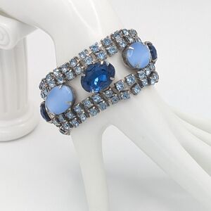 Vintage 1950s Blue Rhinestone Wide Statement Bracelet
